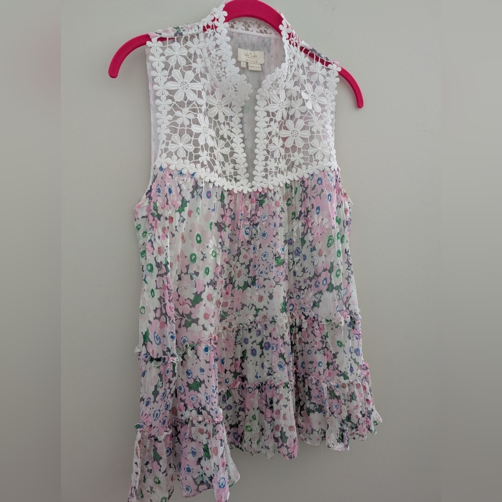 KATE SPADE Silk Lace Devore Blouse WOMEN'S L Pink Daisy Floral Romantic Ruffles - Picture 6 of 16